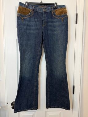 Ralph Lauren Women's Dark Blue Jeans with Brown Suede Accents